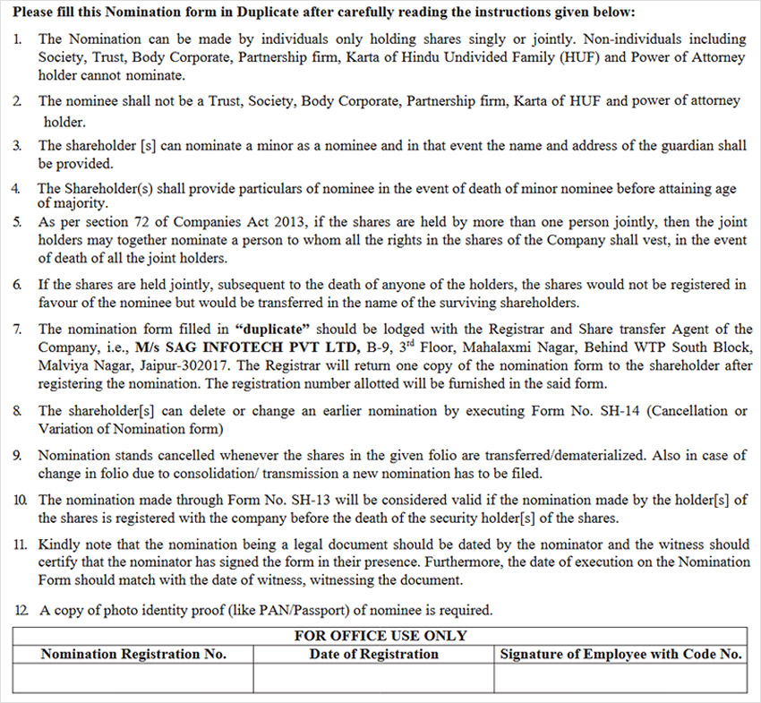 Form No SH 13 Nomination Form SAG RTA